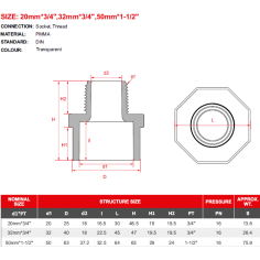 Aquariumline Riduzione Nipplo maschio 1e1/2" in acrilico... 2